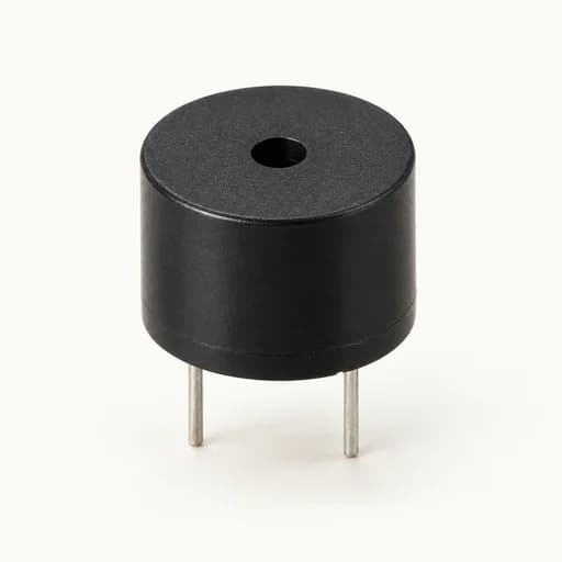 Illustrative black piezo buzzer with two metal leads